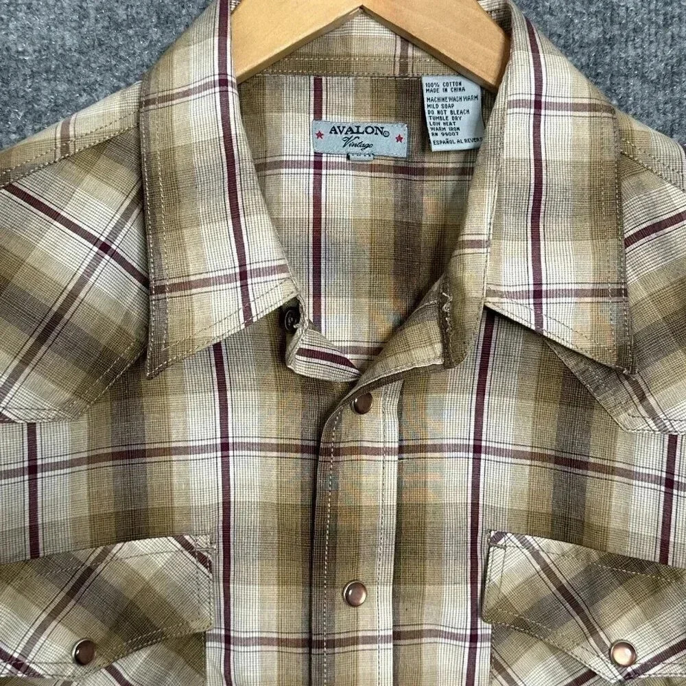 Western Plaid Shirt Mens Medium Tan Short Sleeve Pearl Snap Flap Pockets Cowboy - Picture 3 of 7